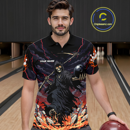 Custom Grim Reaper Flame Bowling Jersey for Men Bowling Team Shirts Polo & 1/4 Zip HNT193