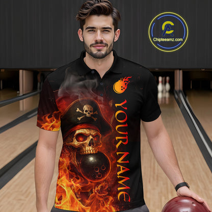Orange Flame Pirate Skull Bowling Team Shirt for Men Bowling League Jersey Polo Bowling Outfit QZT763