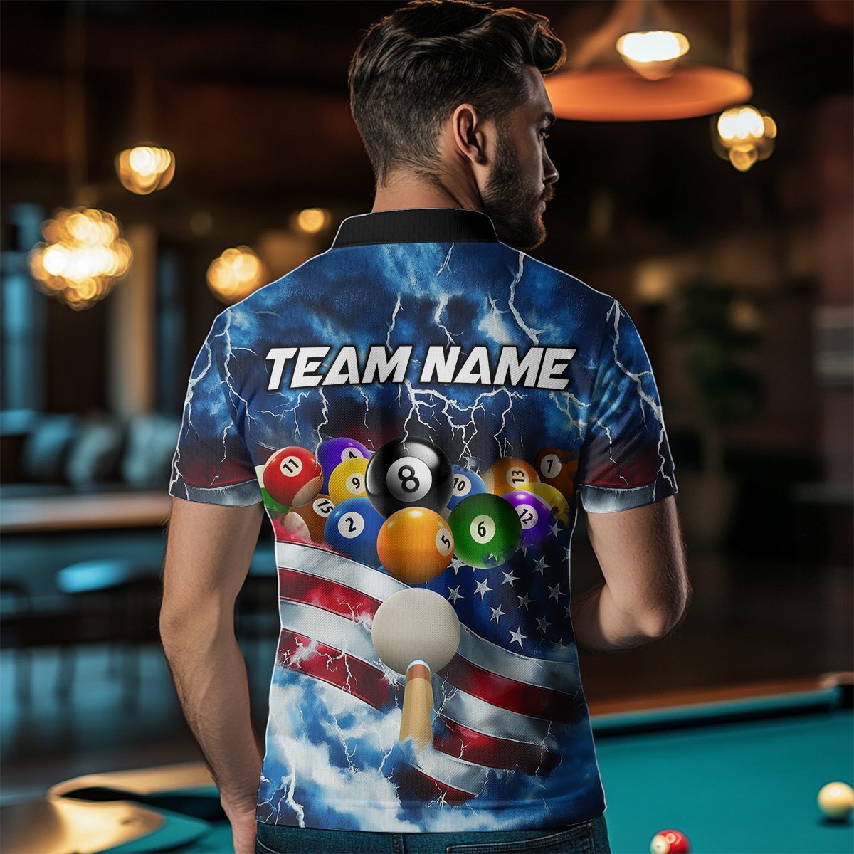 US Flag Thunder Billiards Shirt Men Polo & 1/4 Zip Shirts Billiard Team Jersey for Team NNT11