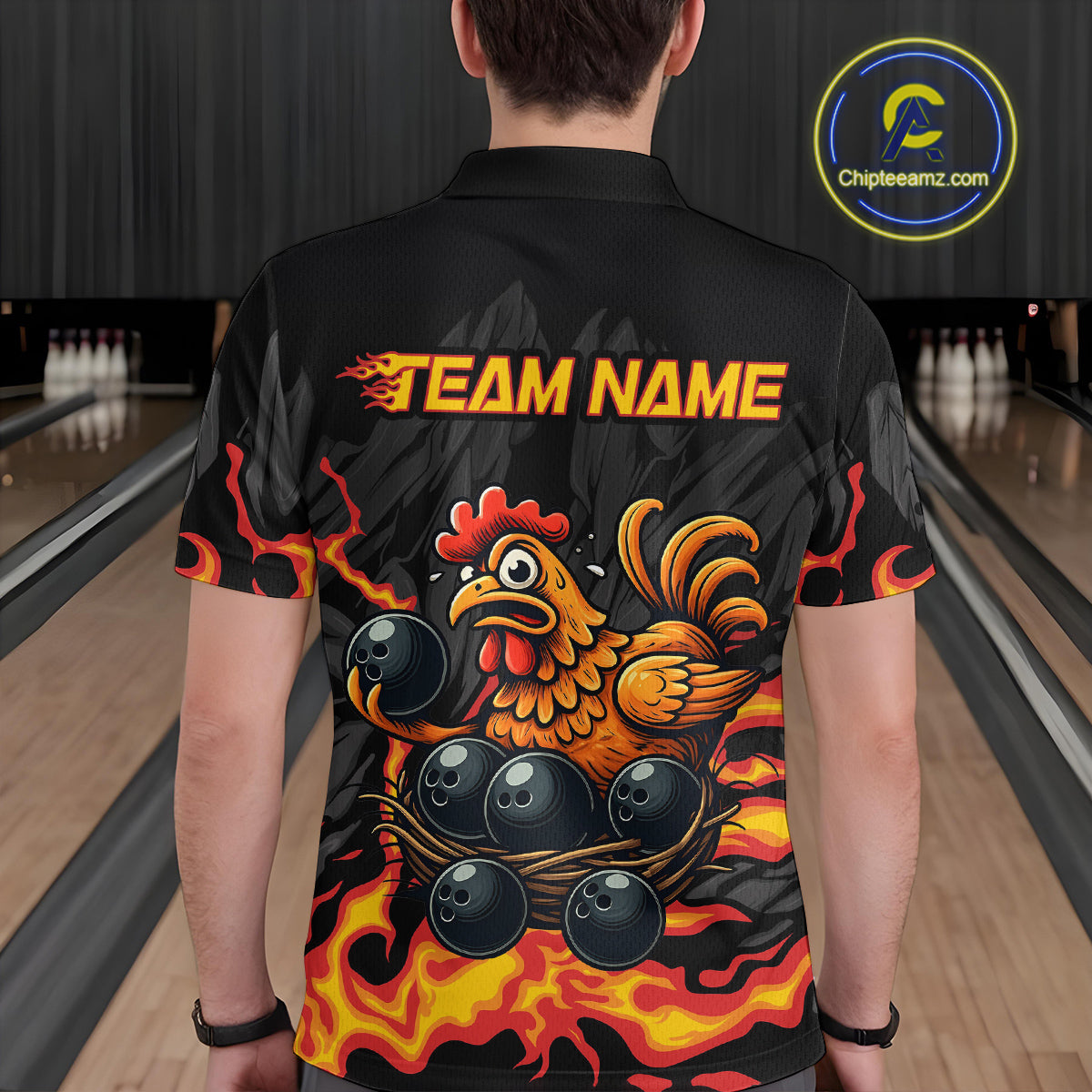 Personalized Chicken Bowling Shirt Orange Flame Bowling for Men Team League Polo & Quarter-Zip QZT706