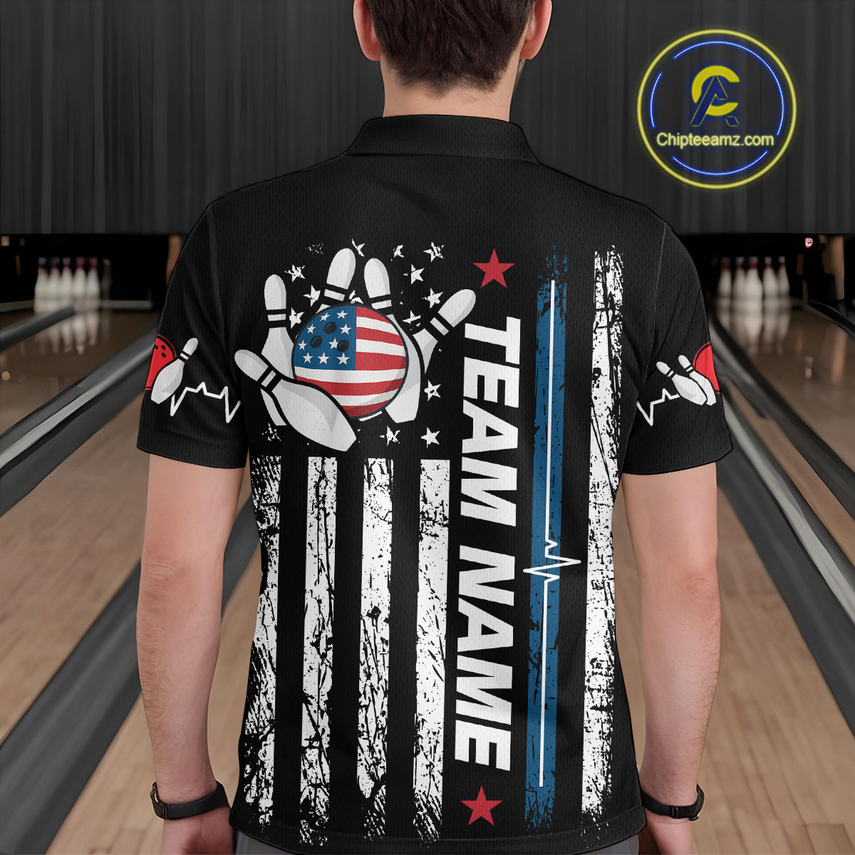 American Flag Bowling Custom Men Bowling Shirt Polo & Quarter-Zip Bowling Team Jerseys HNT54