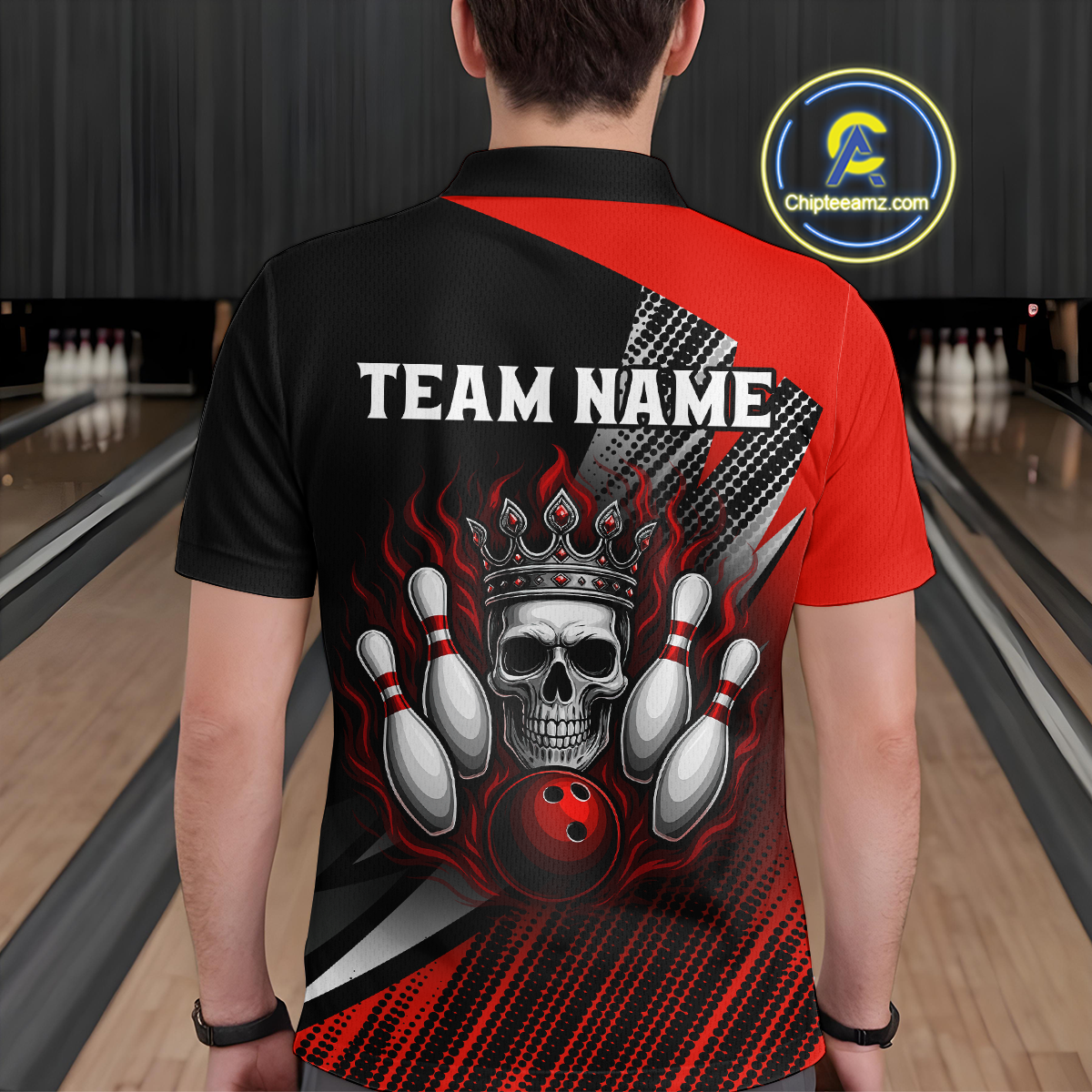 Red Skull Crown Bowling Custom Men Bowling Shirt Polo & Quarter-Zip Bowling Team Jerseys HNT65