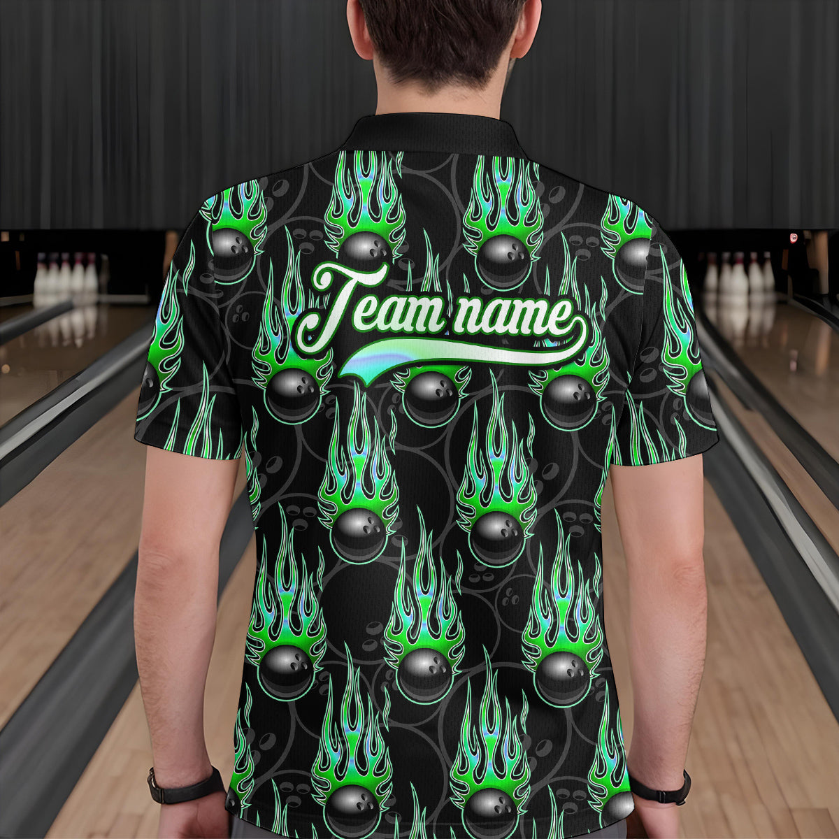 Black Bowling Ball Camo Green Flame Bowling Polo, 1/4 Zip Shirt for Men Custom Bowling Team Jersey NQS9479
