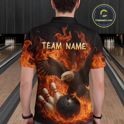 Flame Eagle Bowling Polo, Quarter Zip Shirts For Men Custom Eagle Bowling Team Jerseys NQS9972