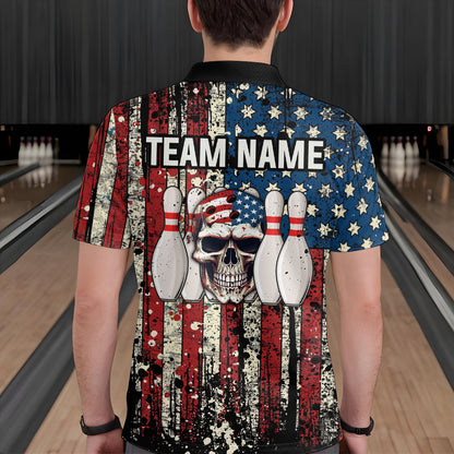 Skull US Flag Bowling Custom Men Bowling Shirt Polo & Quarter-Zip Bowling Team Jerseys HNT58
