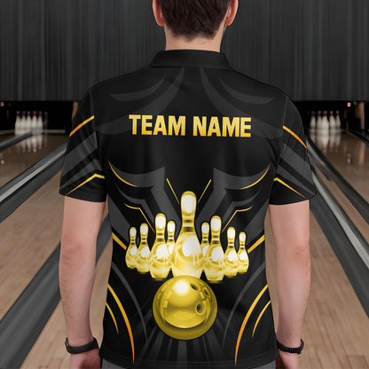 Black and Gold Custom Name Bowling Jerseys For Men Bowling Team Shirts Bowling Pin And Ball HNT26