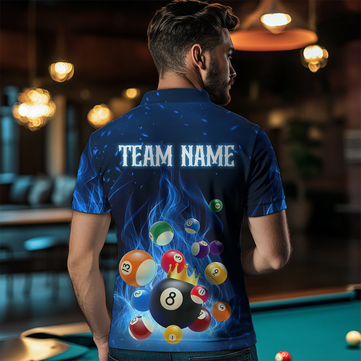 Blue Flaming Billiards Shirt 8 Ball Billiards Shirt Men Polo Shirts & 1/4 Zip NNT09