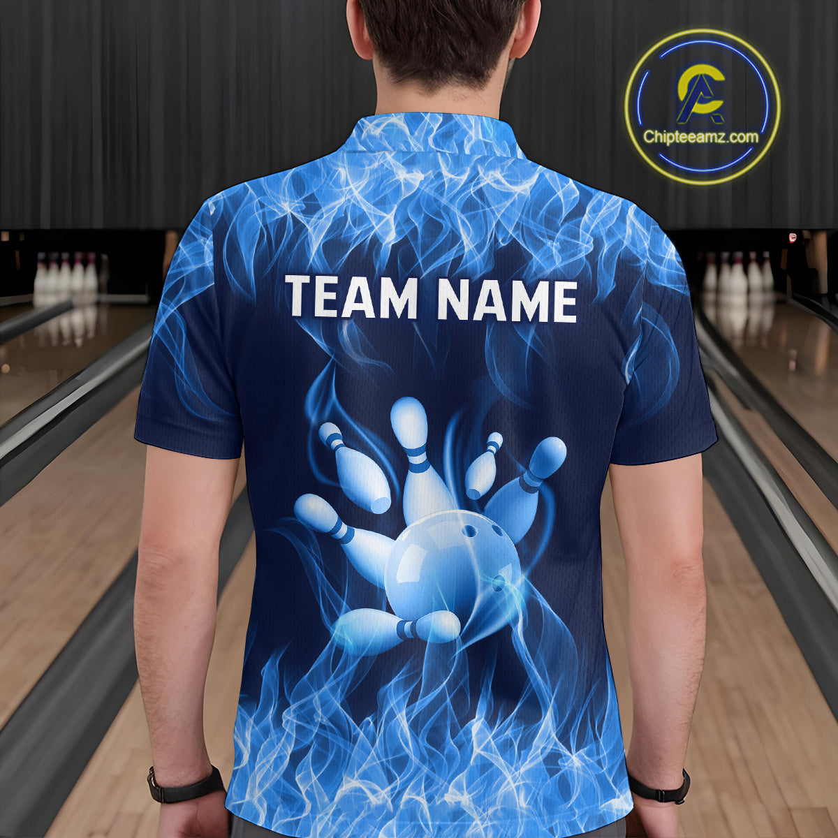 Custom Blue Flame Bowling Jersey for Men Bowling Uniform Polo & 1/4 Zip Bowling Team Shirts HNT106