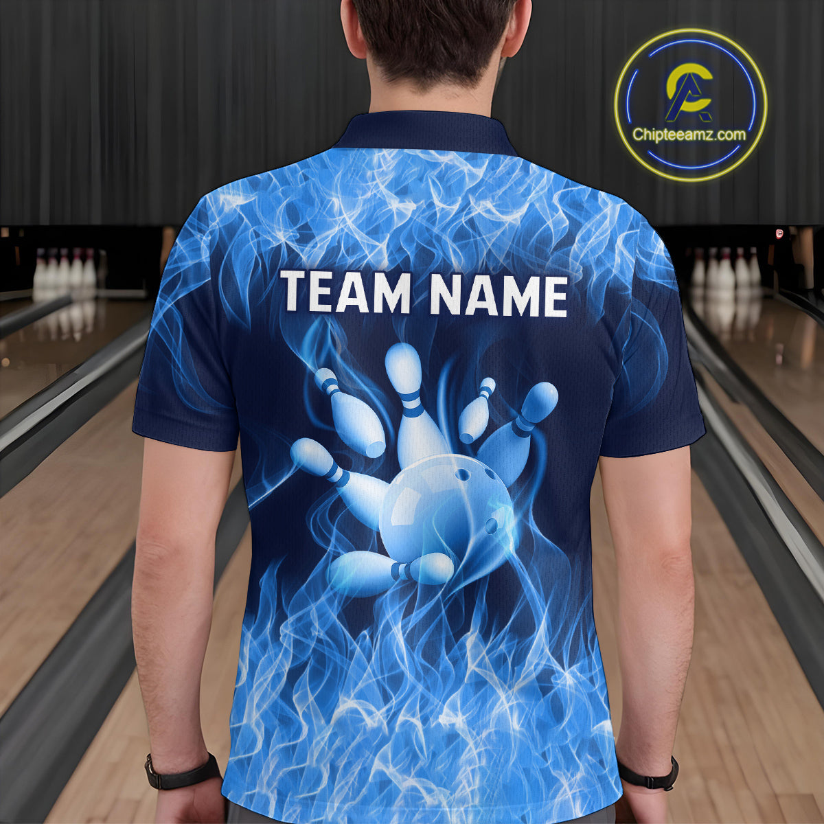 Custom Blue Flame Bowling Jersey for Men Polo & 1/4 Zip Bowling Team Shirts Bowling League HNT150