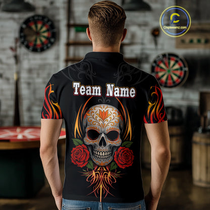 Men's Custom Darts Shirt With Roses Skull Polynesian Pattern And Red Dartboard NYN0254
