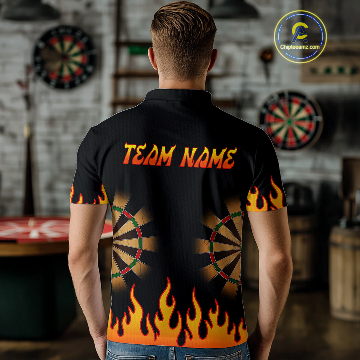 Men's Personalized Darts Shirt With Black Flame Pattern And Fiery Dartboard NYN0265