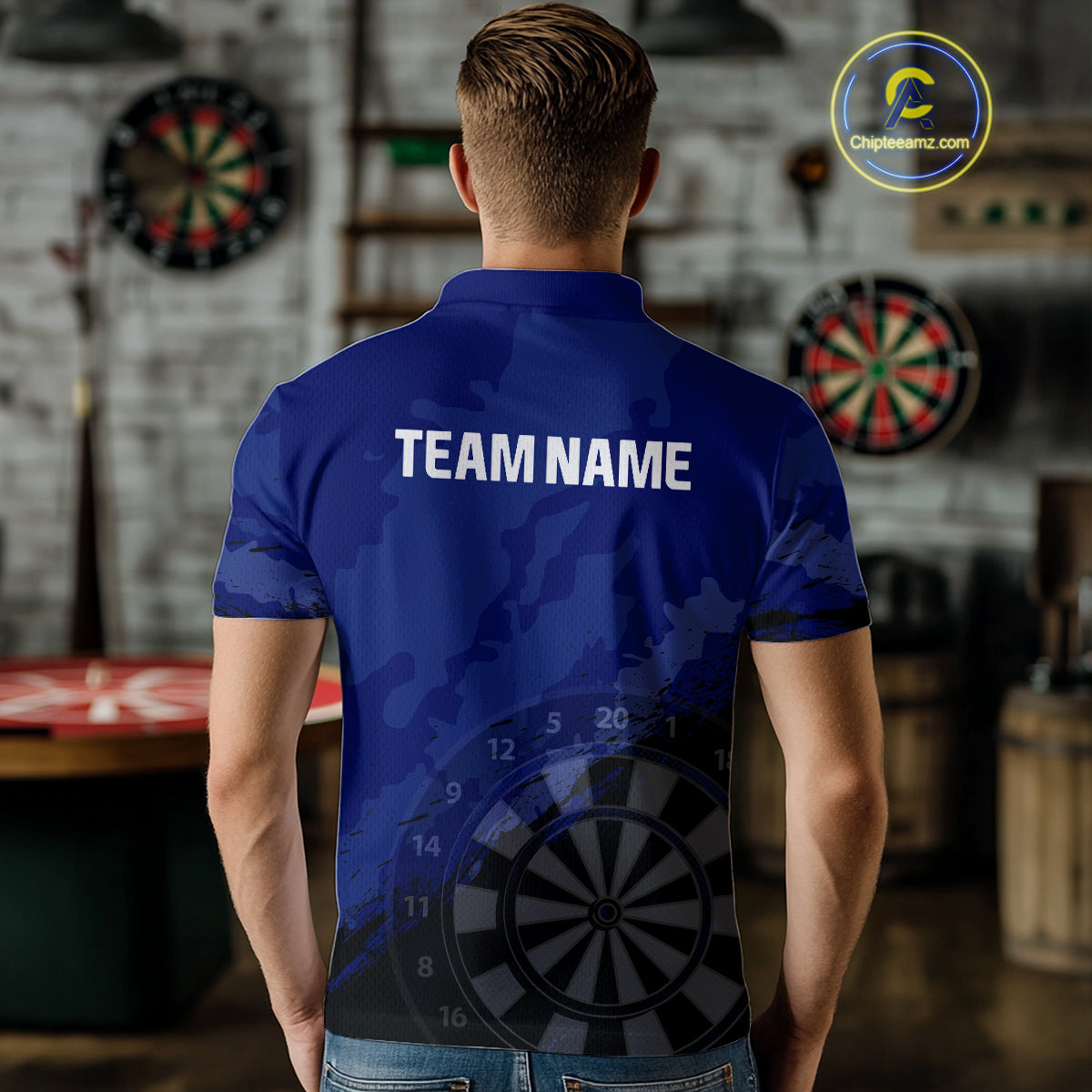 Men’s Custom Darts Team Shirt With Navy Pattern & Black Dartboard, Darts Jersey NYN0319