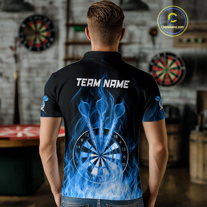 Custom Wolf Dart Shirts For Men – Fire Flame Dartboard Darts Team Jerseys Polo & Quarter Zip |Blue TDM4043