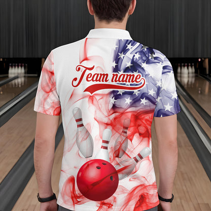American Flag Smoke Bowling Shirt for Men Custom Polo & Quarter-Zip Team Bowling Jersey with Team HNT21