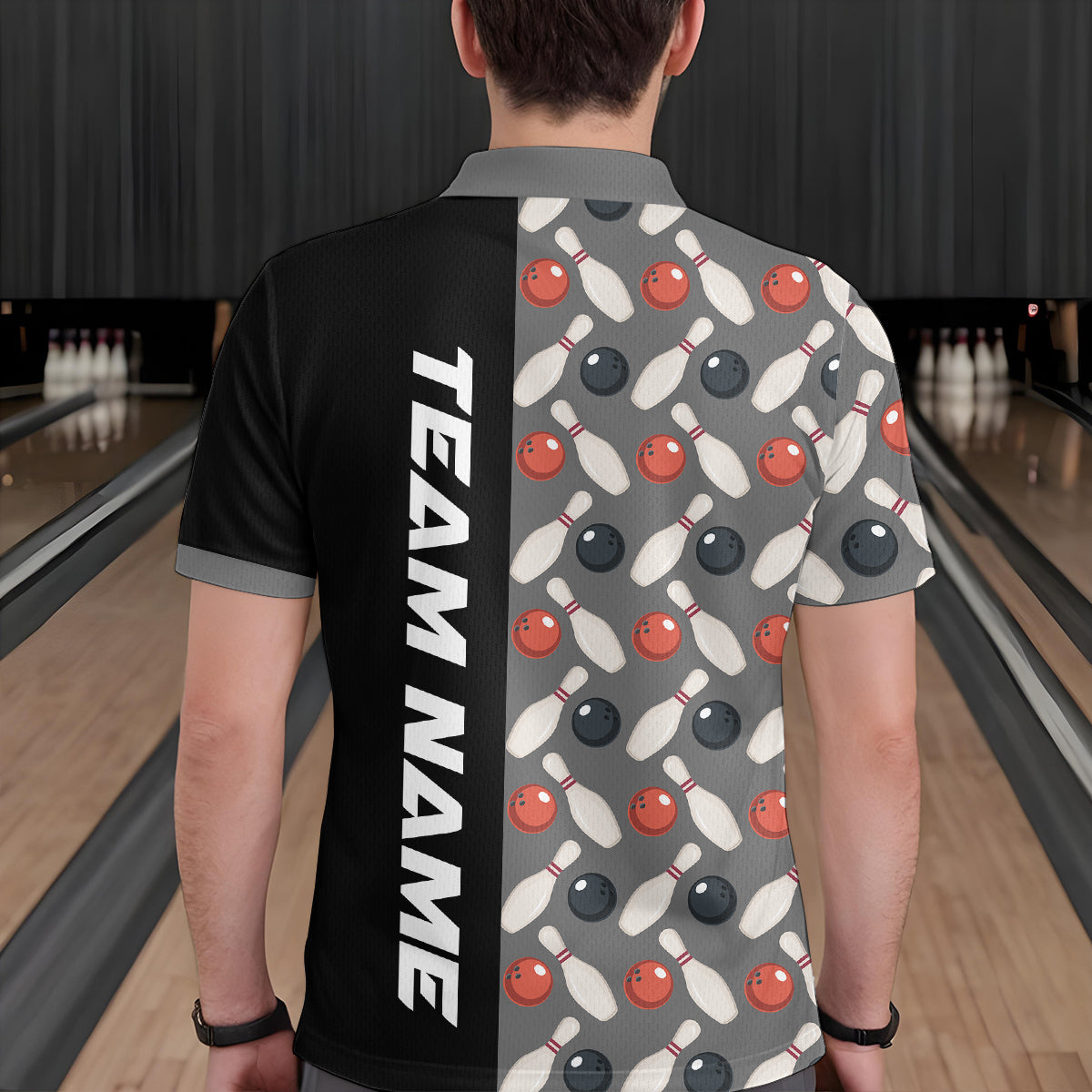 Dark Grey Bowling Pattern Custom Men Bowling Polo & Quarter-Zip Shirts Bowling Team Jerseys HNT45