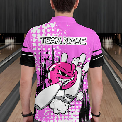 Personalized Pink Funny Crazy Bowling Shirt for Men Polo & Quarter-Zip Bowling Jersey with Team HNT03