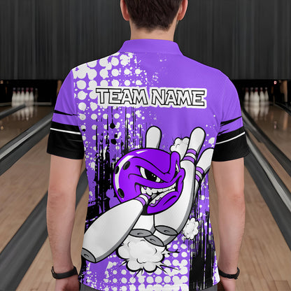 Personalized Purple Funny Crazy Bowling Shirt for Men Polo & Quarter-Zip Bowling Jersey with Team HNT03