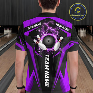 Black Men bowling Polo, 1/4 Zip shirt Custom lightning thunder team league bowling jersey | Purple NQS10375