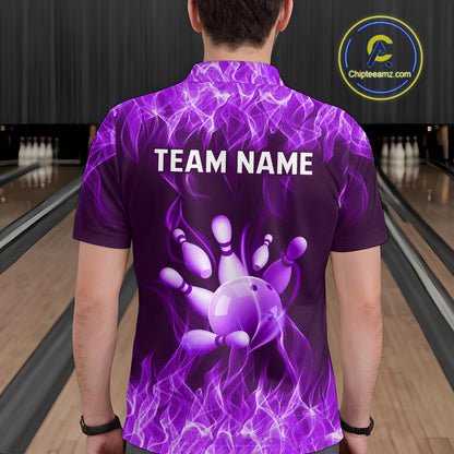 Custom Purple Flame Bowling Jersey for Men Bowling Uniform Polo & 1/4 Zip Bowling Team Shirts HNT106