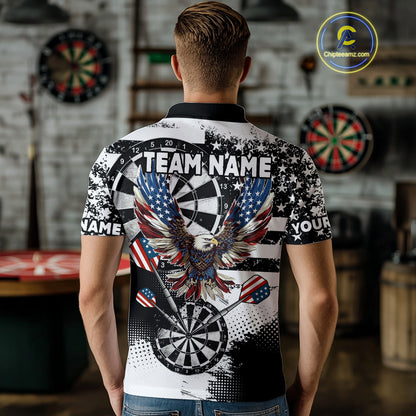 Custom Dart Shirt For Men, Grunge Eagle American Flag Black White Polo, 1/4 Zip Darts Jersey TDM3877