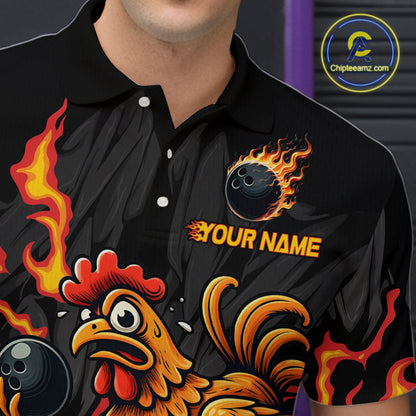 Personalized Chicken Bowling Shirt Orange Flame Bowling for Men Team League Polo & Quarter-Zip QZT706
