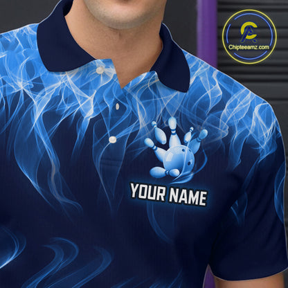 Custom Blue Flame Bowling Jersey for Men Polo & 1/4 Zip Bowling Team Shirts Bowling League HNT150