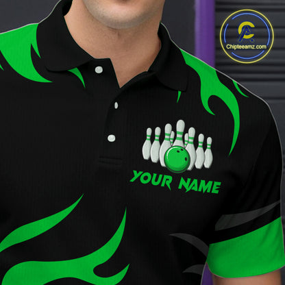Black and Green Flame Bowling shirts for Men Custom team bowling jerseys, mens bowling apparel NQS10268