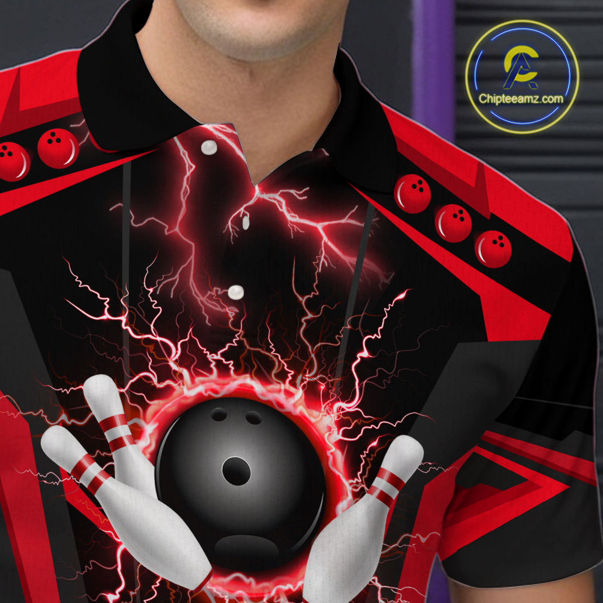 Black Mens bowling Polo, Quarter Zip shirt Custom lightning thunder team league bowling jerseys | Red NQS10373