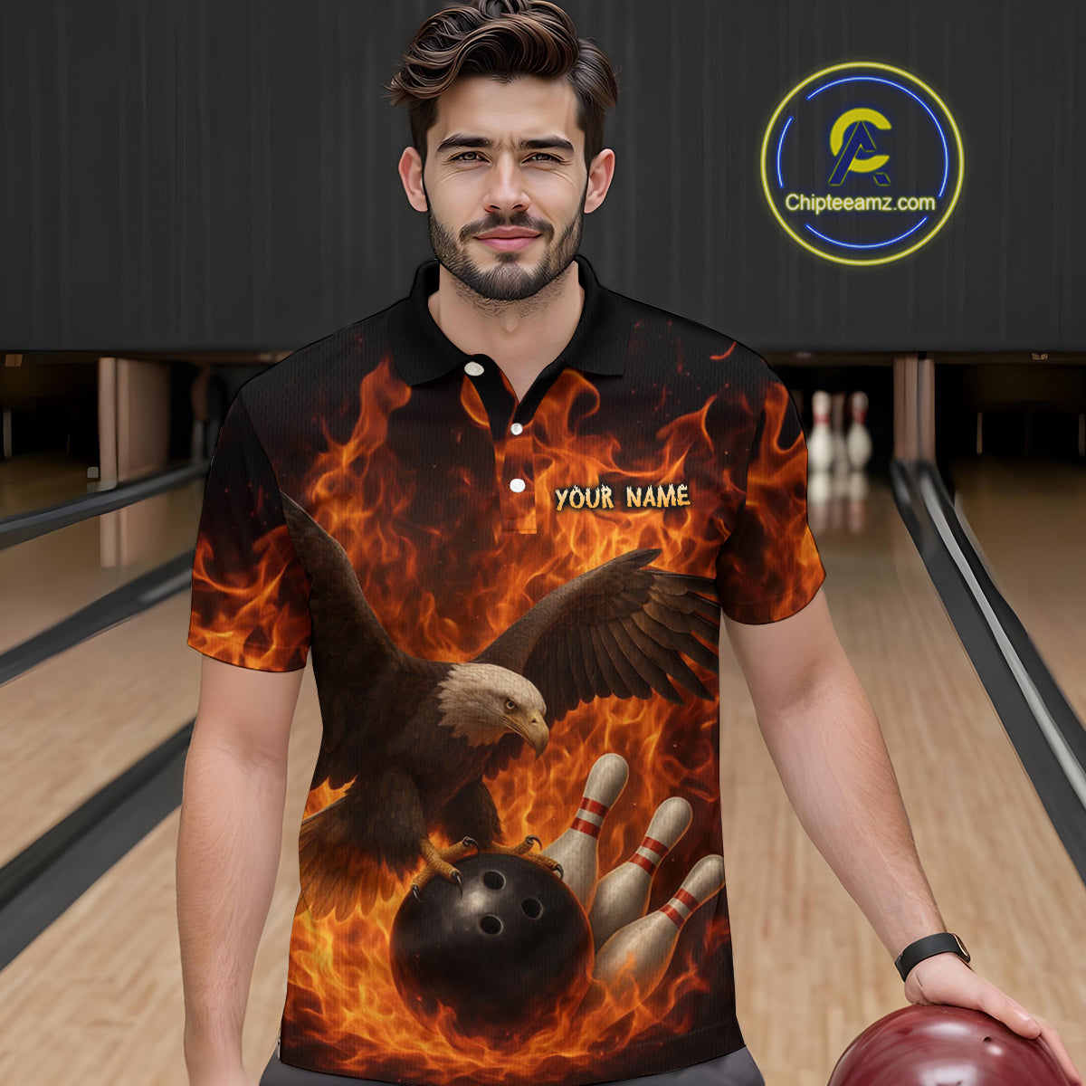 Flame Eagle Bowling Polo, Quarter Zip Shirts For Men Custom Eagle Bowling Team Jerseys NQS9972