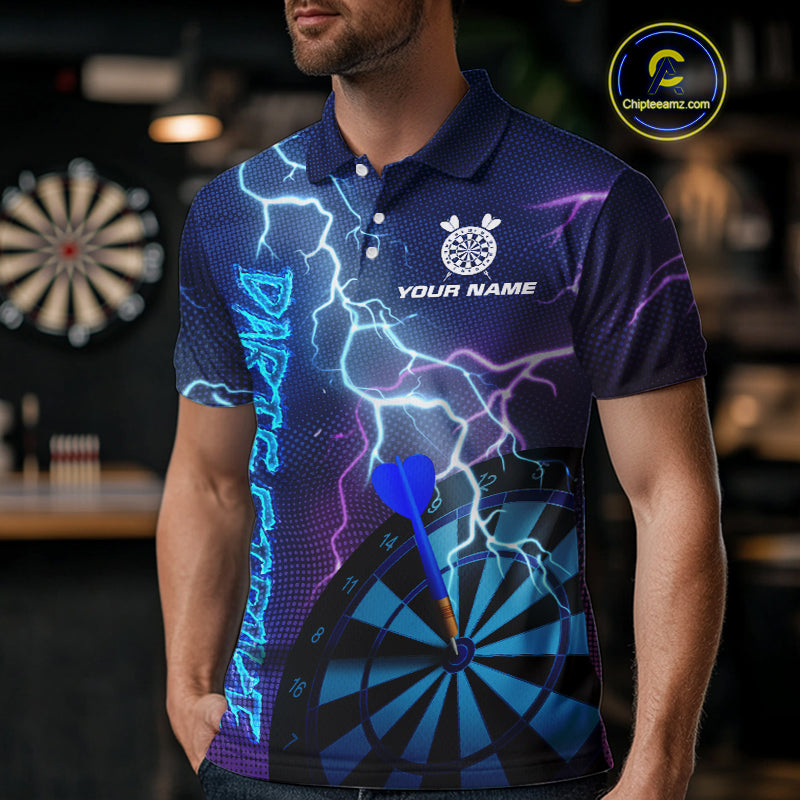 Custom Purple Blue Lightning Strike Dart Shirts For Men, Darts Team Jersey Polo & 1/4 Zip Outfit TDM4140