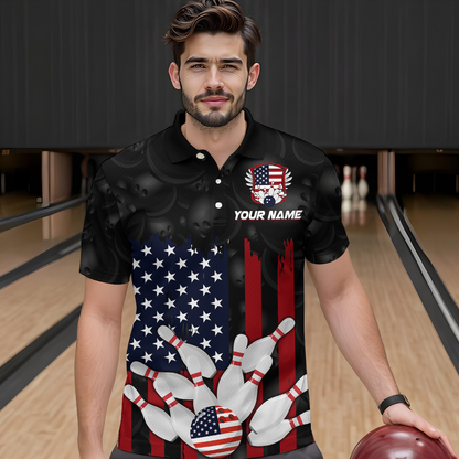 Custom American Flag Bowling Shirts for Men Women Patriotic Bowling Polo & 1/4 Zip MBL03