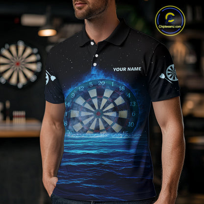 Men’s Personalized Darts Shirts With Navy Ocean, Stars Sky And Glowing Dartboard NYN0259