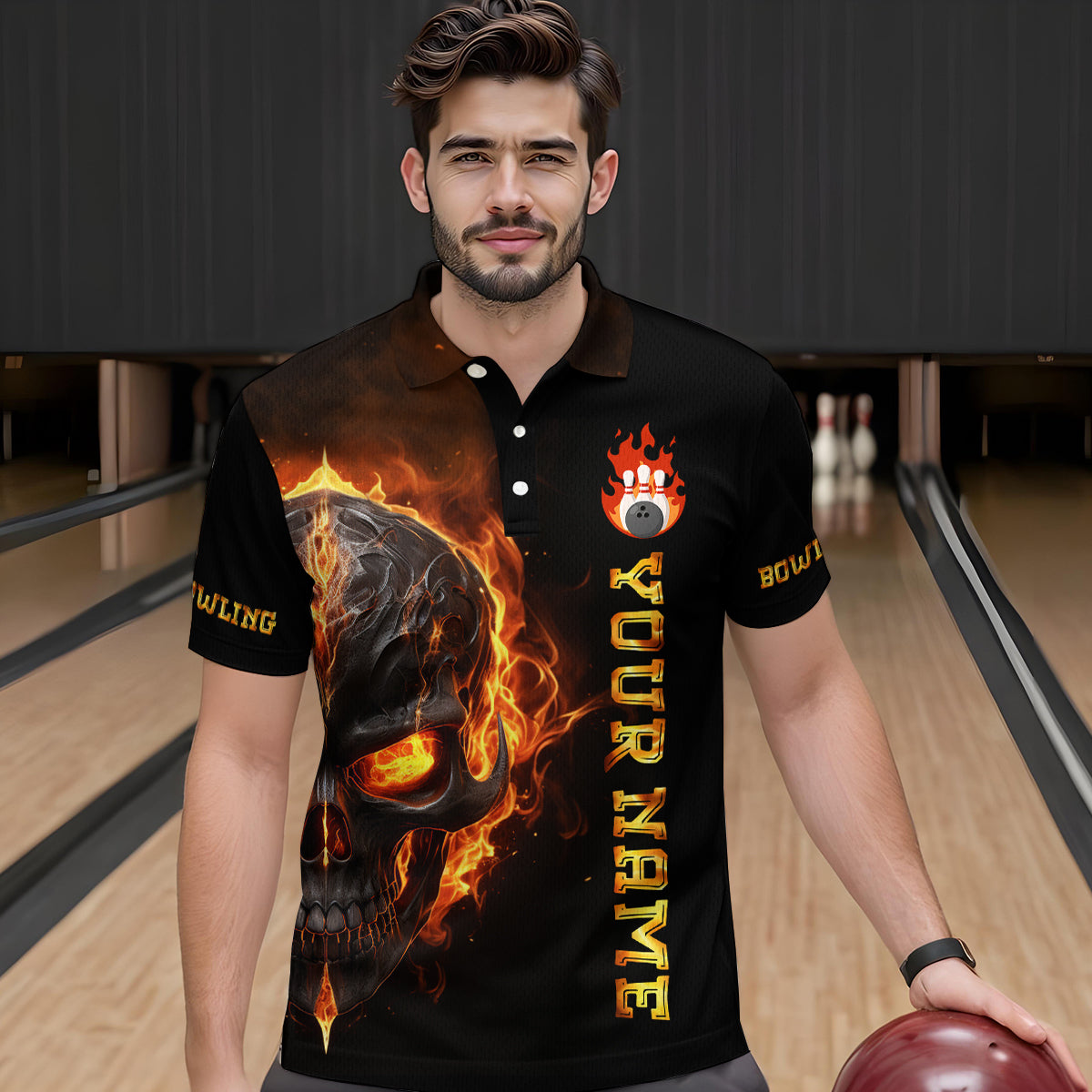 Skull Bowling Shirt For Men Flame Bowling Team League Jersey Custom Bowling Polo Shirt BDT333