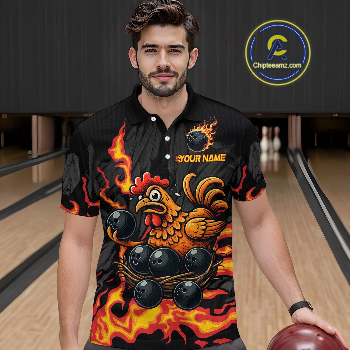 Personalized Chicken Bowling Shirt Orange Flame Bowling for Men Team League Polo & Quarter-Zip QZT706