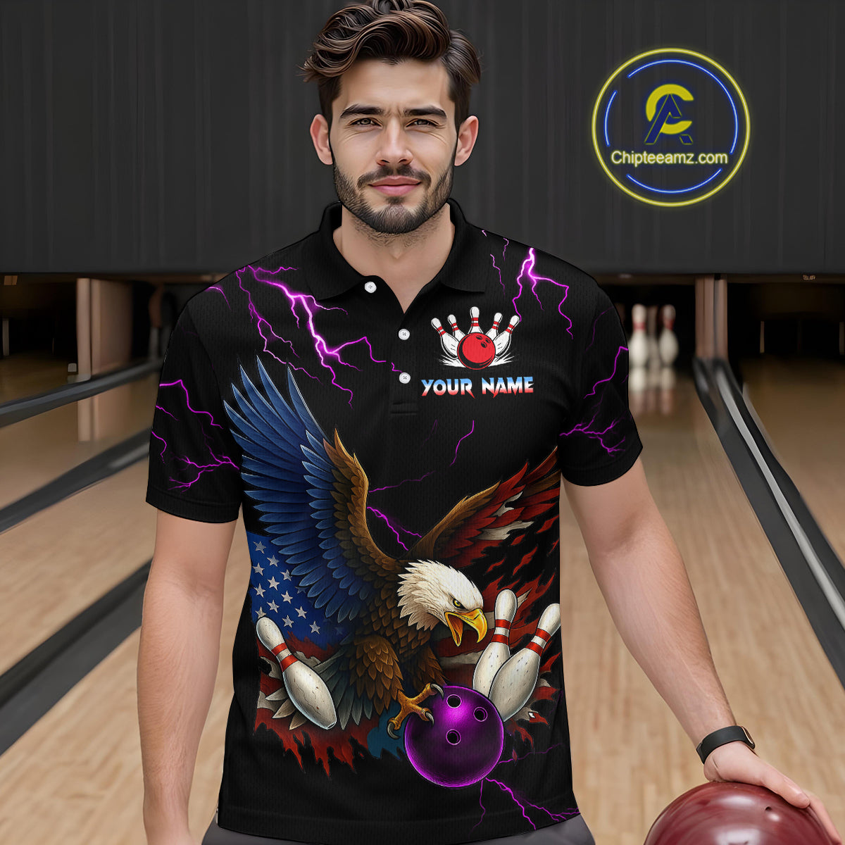 Purple Thunder US Flag Eagle Bowling Shirts for Men Team Bowling Polo & Quarter-Zip HNT96