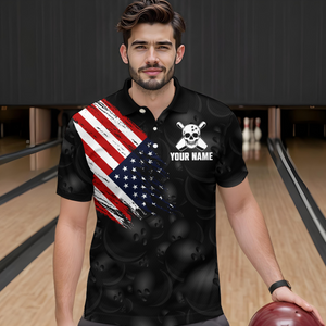 Skull US Flag Bowling Shirt for Men Personalized Patriotic Bowling Team Jersey Shirts Polo & Quarter-Zip HNT31