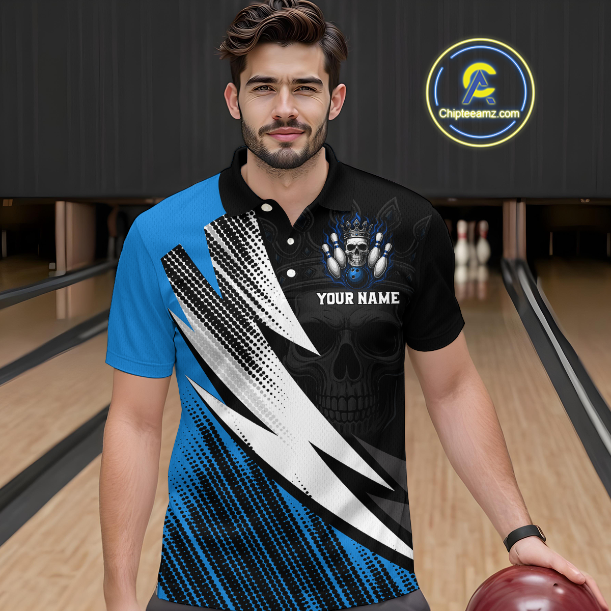 Blue Skull Crown Bowling Custom Men Bowling Shirt Polo & Quarter-Zip Bowling Team Jerseys HNT65