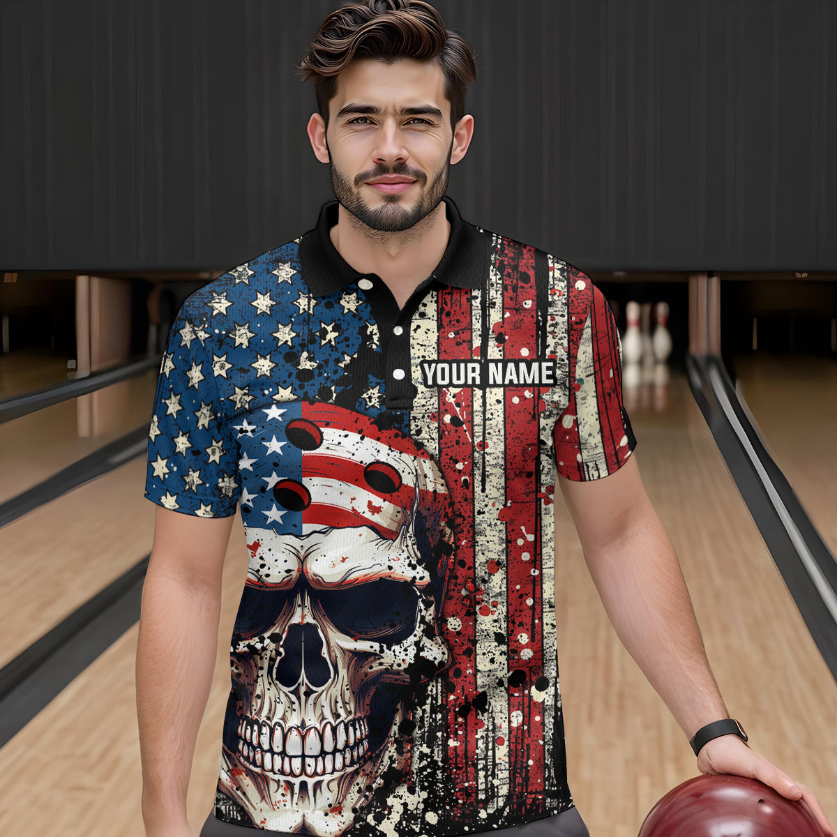 Skull US Flag Bowling Custom Men Bowling Shirt Polo & Quarter-Zip Bowling Team Jerseys HNT58