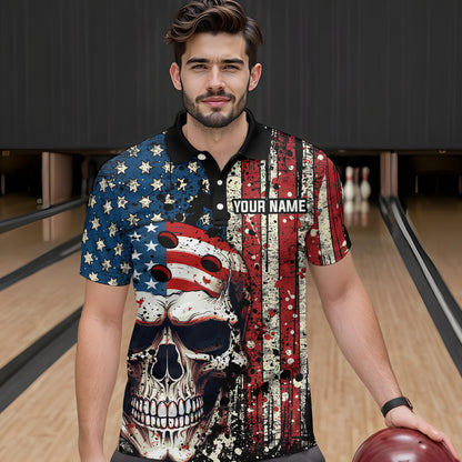 Skull US Flag Bowling Custom Men Bowling Shirt Polo & Quarter-Zip Bowling Team Jerseys HNT58