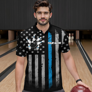 US Blue Flag Bowling Shirt for Men Custom Name Polo & Quarter-Zip Bowling Jersey Bowling Team Shirt HNT23
