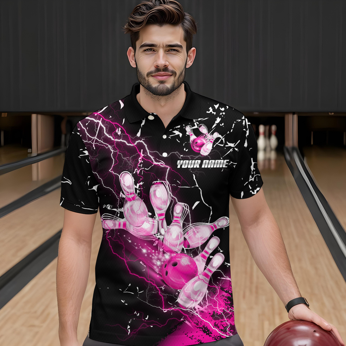 Custom Pink Lightning Bowling Shirts for Men Women Team Bowling Polo & 1/4 Zip MBL80