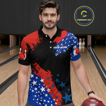 American Flag Bowling Shirt Personalized Patriotic Polo Bowling Team League Gift for Bowlers QZT691
