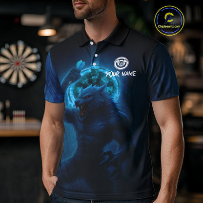 Men's Custom Dart Shirt With Blue Wolf, Red Eyes And Lightning Dartboard NYN0251