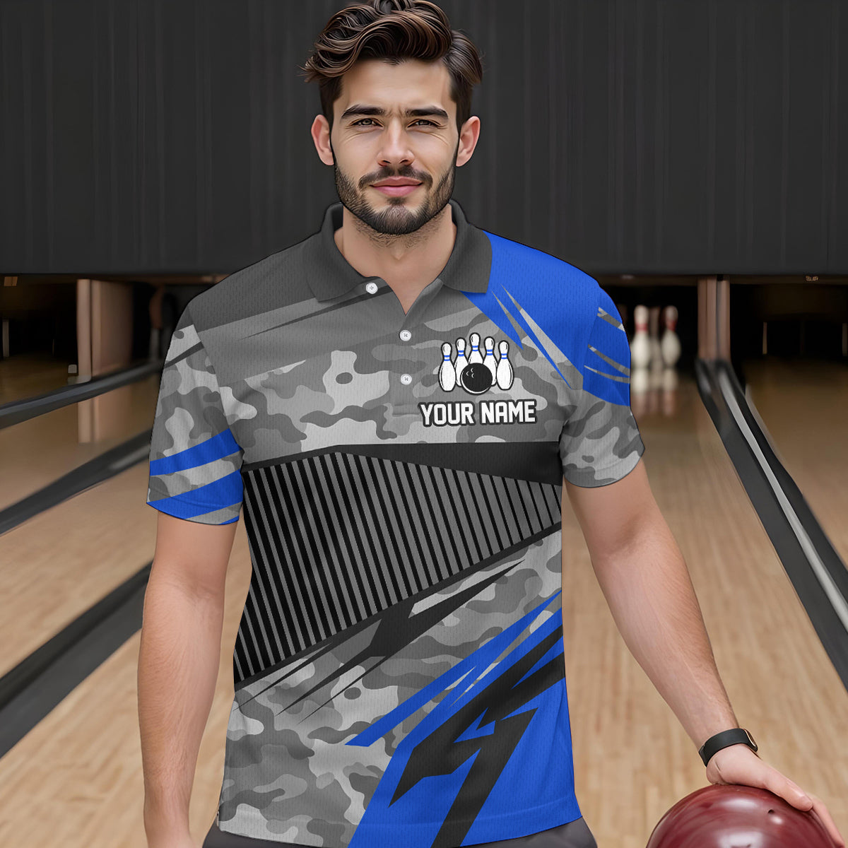 Blue Camo Bowling Shirts for Women Men Custom Team Bowling Polo & 1/4 Zip Shirt MBL61