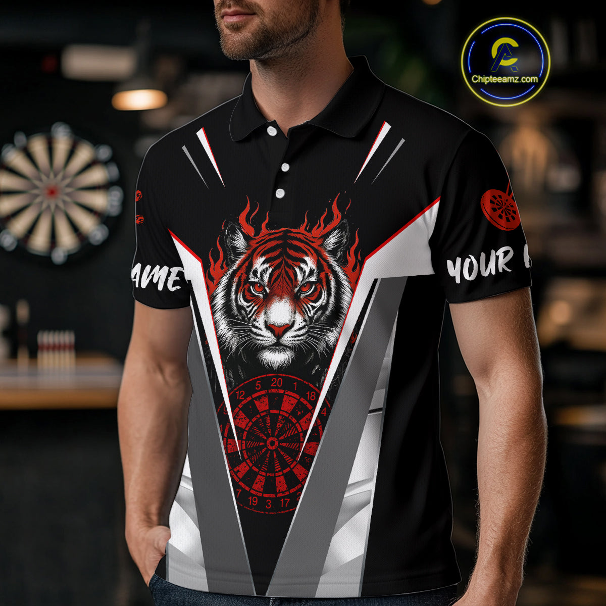 Custom Men's Dart Team Shirt With Roaring Tiger Dartboard - Silver & Black Jersey NYN0337