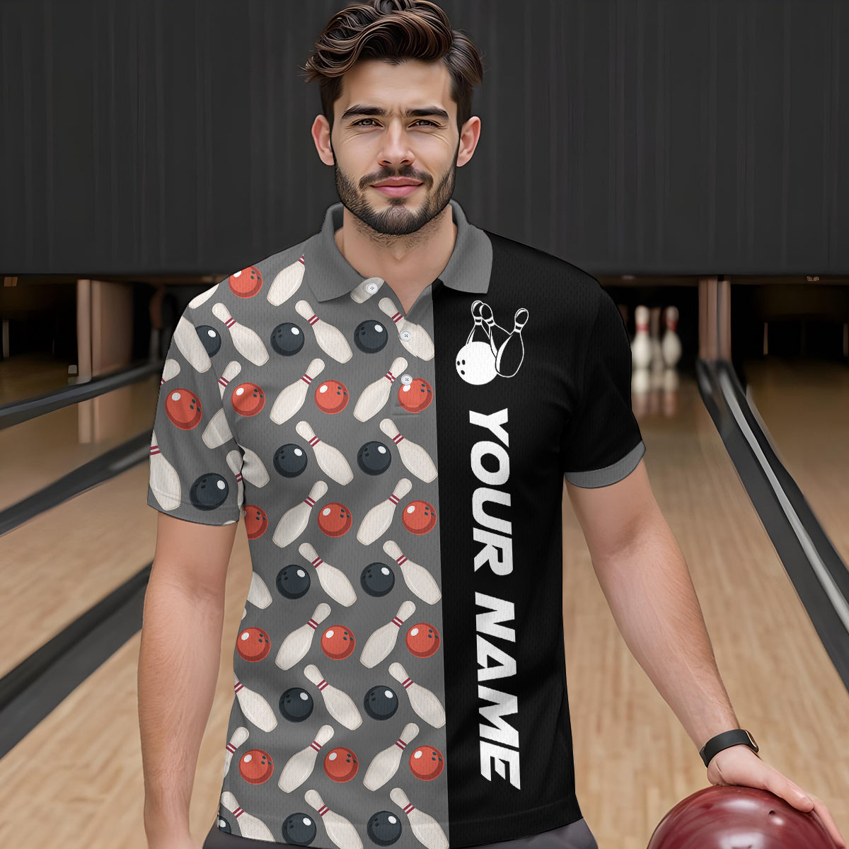 Dark Grey Bowling Pattern Custom Men Bowling Polo & Quarter-Zip Shirts Bowling Team Jerseys HNT45