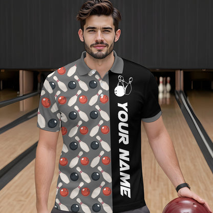 Dark Grey Bowling Pattern Custom Men Bowling Polo & Quarter-Zip Shirts Bowling Team Jerseys HNT45