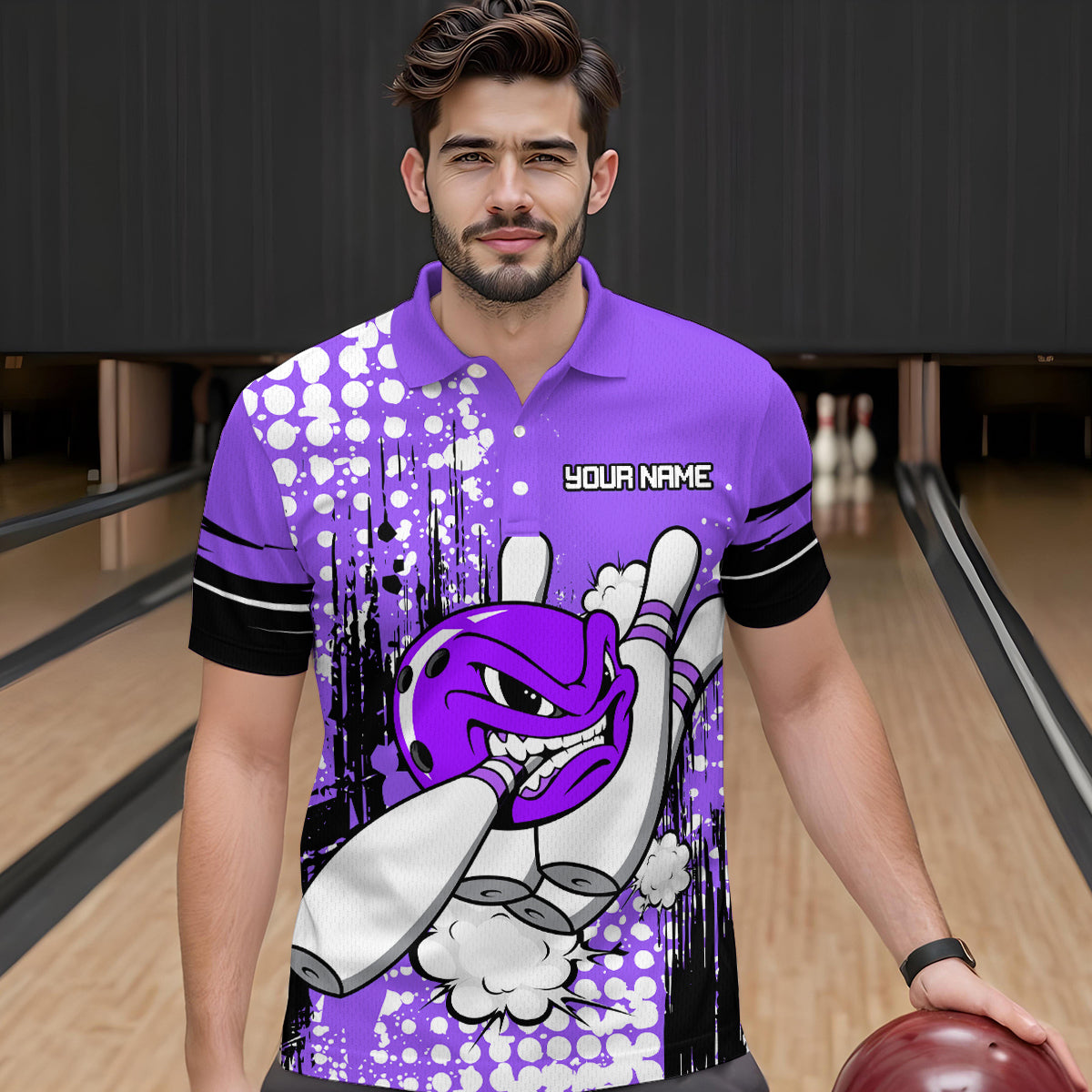 Personalized Purple Funny Crazy Bowling Shirt for Men Polo & Quarter-Zip Bowling Jersey with Team HNT03