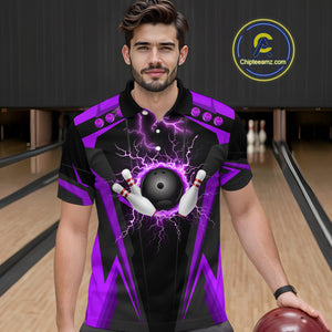 Black Men bowling Polo, 1/4 Zip shirt Custom lightning thunder team league bowling jersey | Purple NQS10375