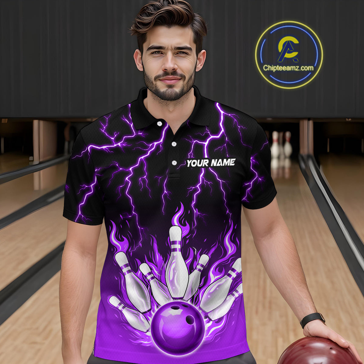 Purple Thunder Bowling Custom Men Bowling Shirt Polo & Quarter-Zip Bowling Team Shirts HNT71